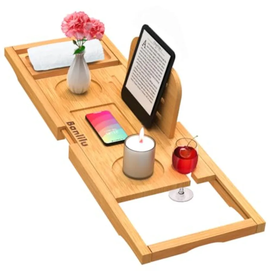 

Premium Bamboo Bathtub Tray Caddy - Bath Tub Tray Table for Bathtub - Bath Caddy Tray for Bathtub Expandable Size Fits Most Bat