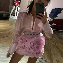 Custom Made 3D Rose Flowers Mini Skirt High Waist Ruffled Organza Flower Short Skirt Women Pink Pretty Cocktail Party Skirt Saia