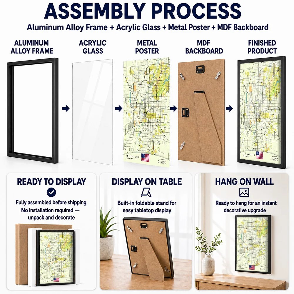 Indianapolis Indiana USA Street Map Metal Poster With Aluminum Alloy Frame Personalized Line Drawing Wall Art For Guest Bedroom