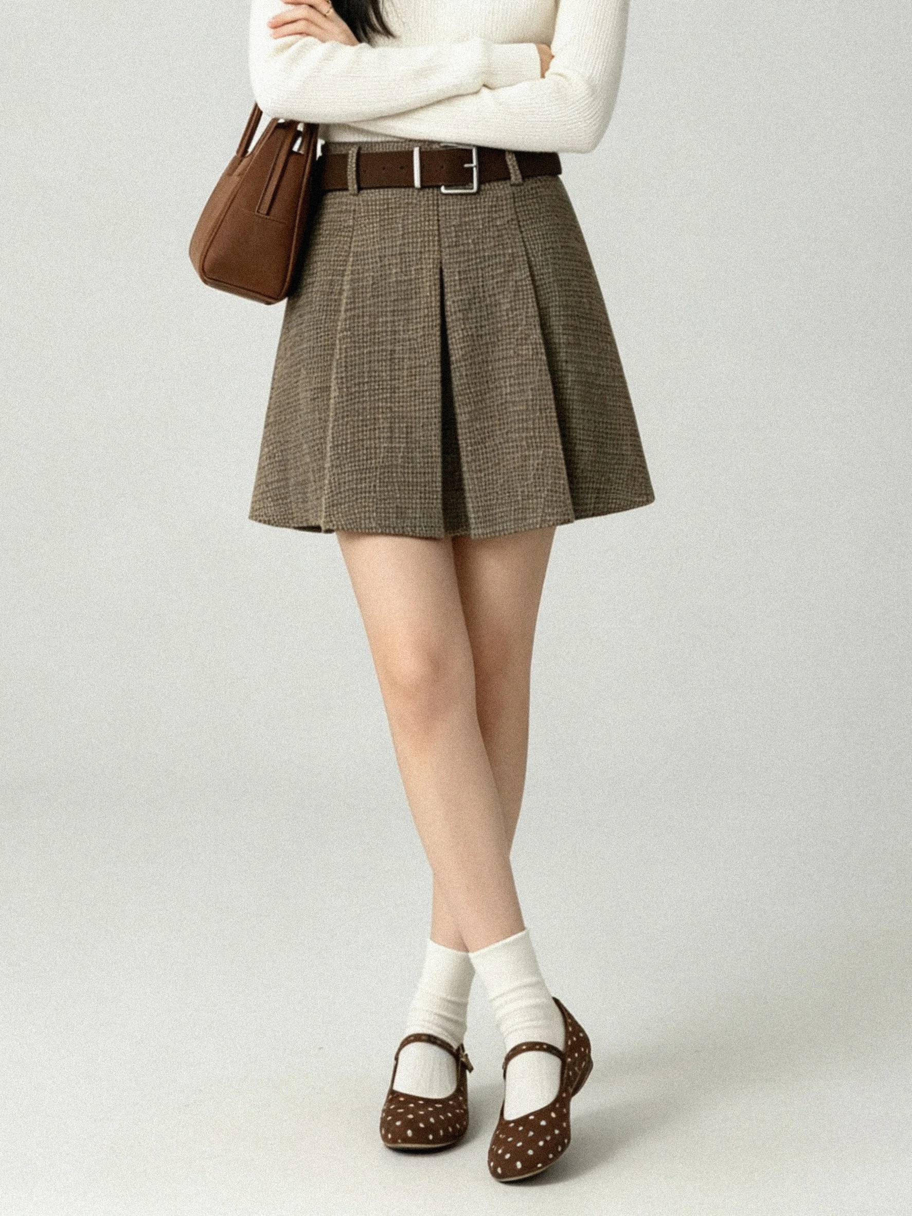 High Waist A-Line  Skirt Woolen Plaid Early Autumn College Style Retro Atmosphere Slimming Half-length Skirt Korean Versi...