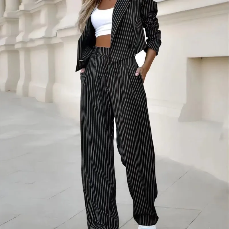 Two Piece Women\'s Short Blazer And Trouser Set Elegant Long Sleeve Notch Collar Striped Work Jacket And Straight Leg Trouser Set