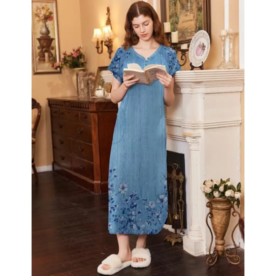 Ekouaer Long Nightgown Women's Loungewear Short Sleeve Sleepwear Full Length Sleep Shirt with Pockets