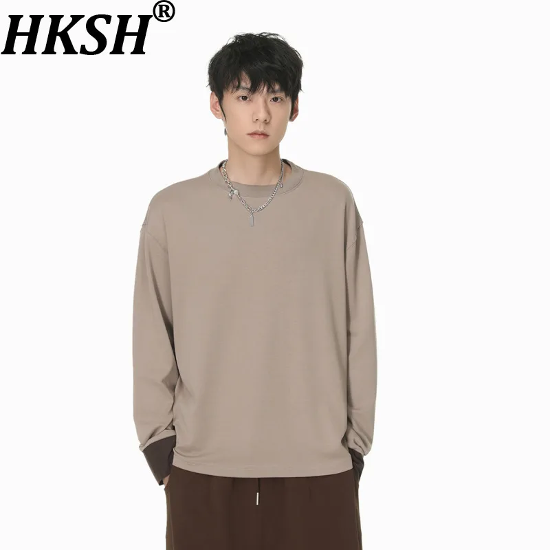 

HKSH Новая мужская футболка в корейском стиле, однотонная, с круглым вырезом, с цветными вставками на манжетах, свободного кроя, универсальная, шикарная, в стиле Ins, HK21704