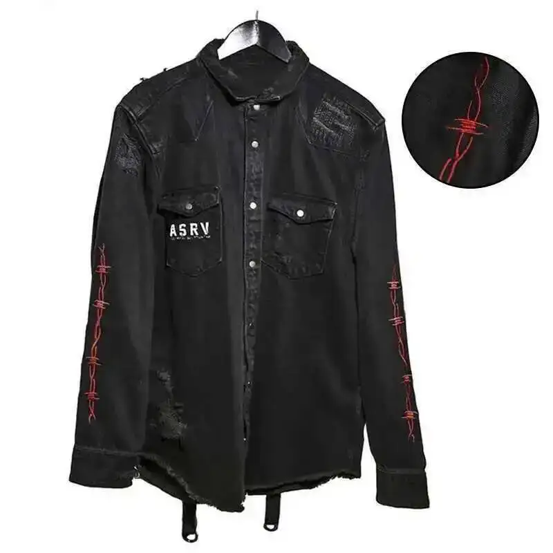 HKSH Men\'s Tide Punk Spring And Autumn New Print Jackets Loose Size Skull Denim Coat Fashion Dark Single Breasted Vintage HK0114