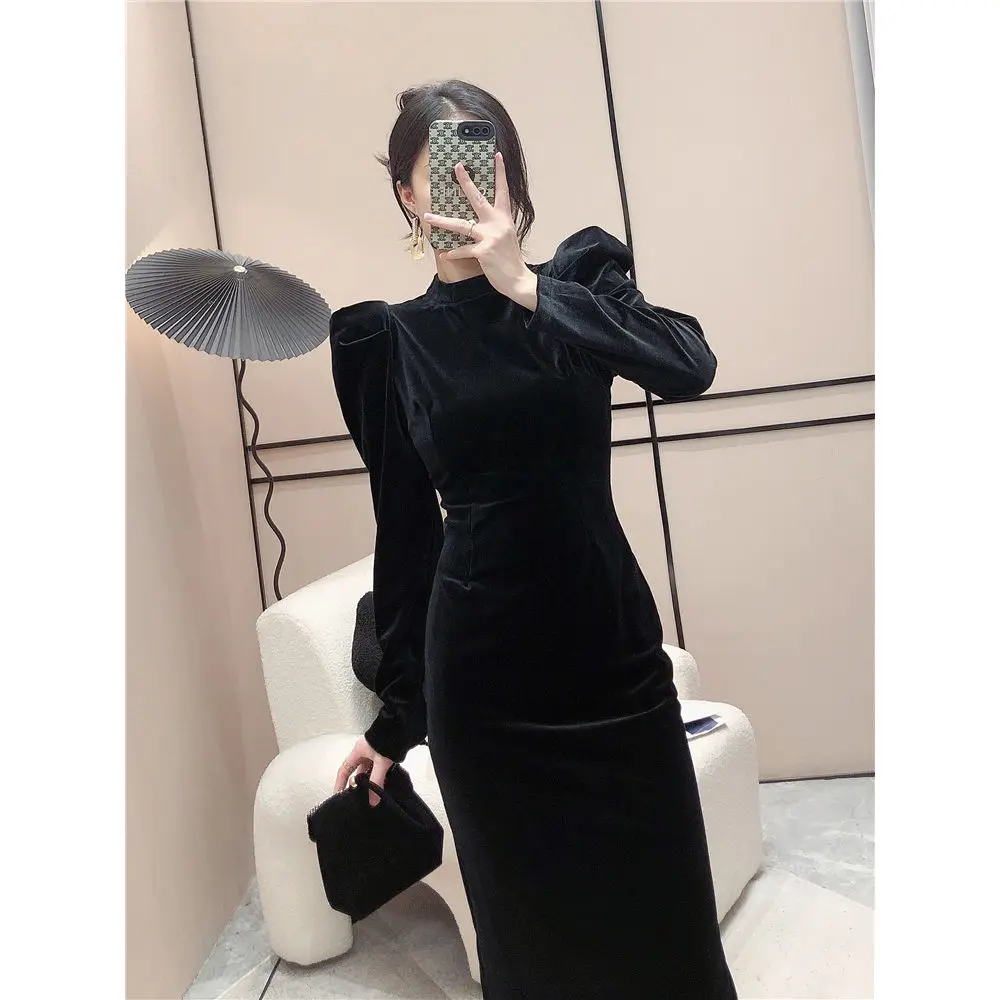 French Black Velvet Long Dresses Women Puff Sleeve Temper Elegant Sexy Bodycon Dress Fashion Classy Ladies Party Gown Vestidos