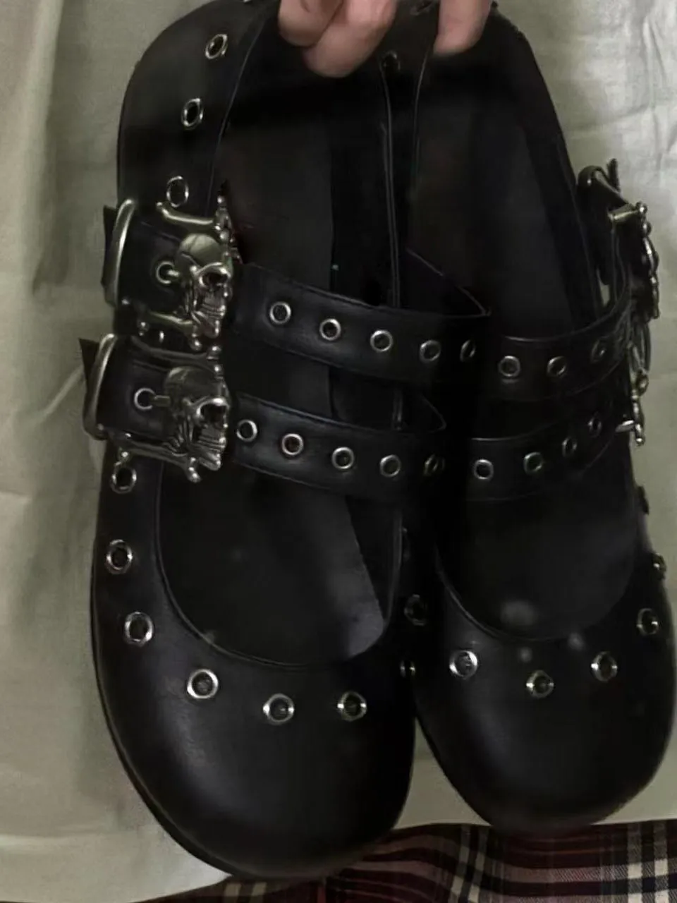 Gothic Punk Style Rivet Skull Flat Bottom Ballet Flats Mary Jane Shoes Women's Dark Skeleton Head Small Leather Shoes