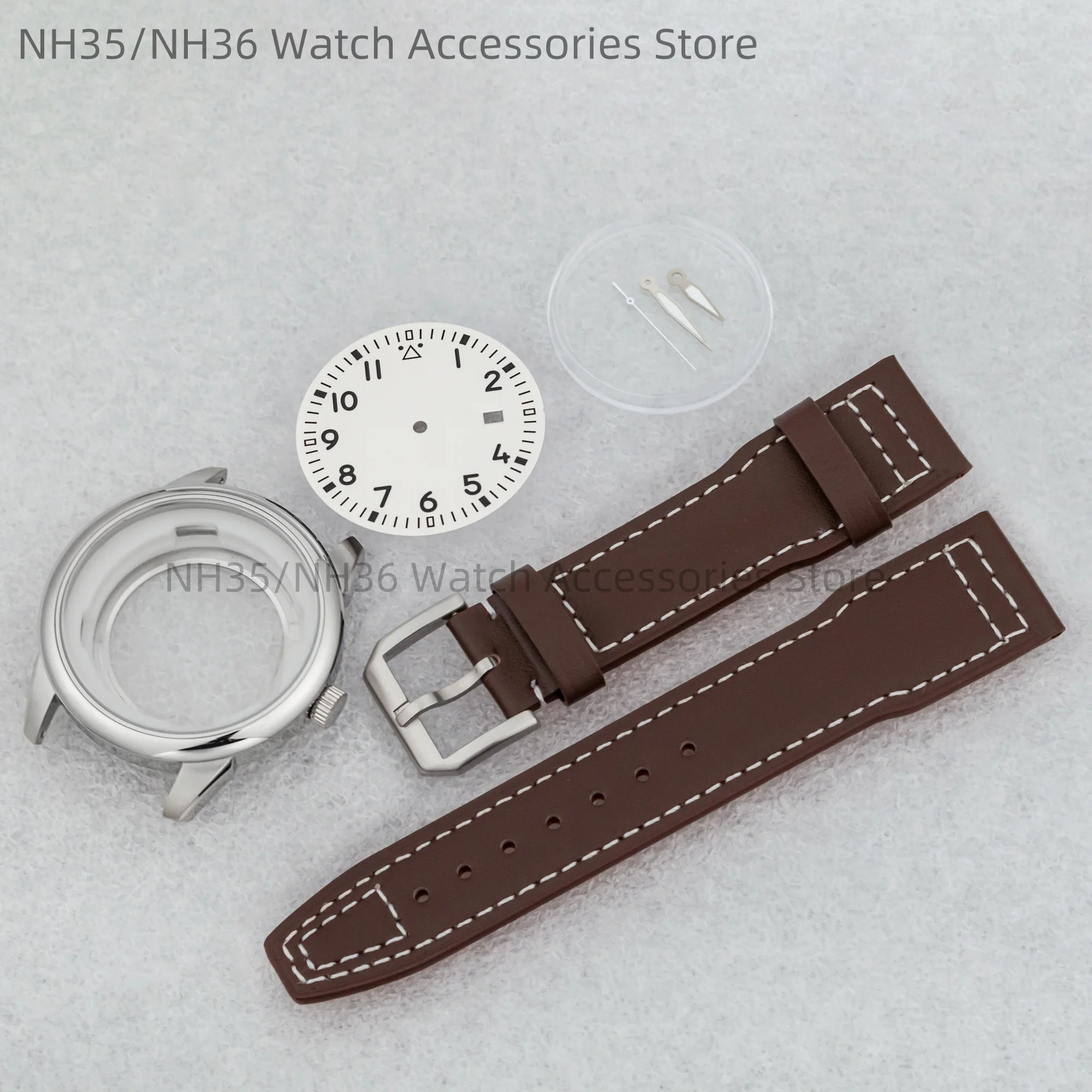 

42.7mm Watch Case NH35 Case Genuine Leather Watch Strap Luminous Dial Hands Stainless Steel for Mark XX fit NH35 NH36 Movement