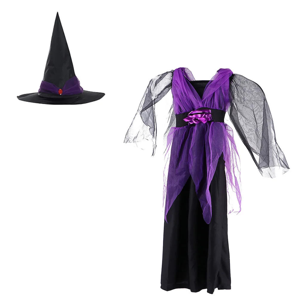 1Set Kids Halloween Witch Role Play Costume Lightweight Durable Dress Girls Cosplay Clothes Children Witch Suit Hat