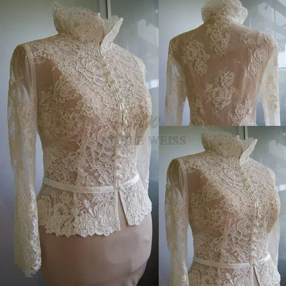 Long Sleeve Wedding Jacket Lace Bridal Bolero Pearls Button Weddng Coat Customized