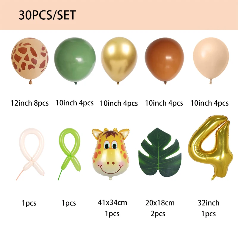 30pcs Girraffe Number Balloons Set Jungle Safari Animal Balloon Kit Kids 1 2 3 Year Birthday Party Decor Avocado Green Balloon