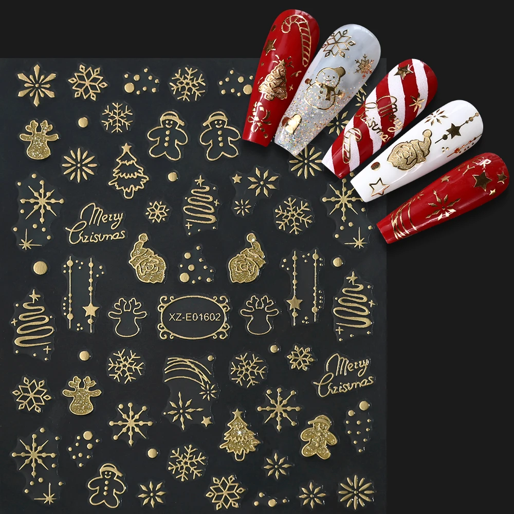 2 stücke Gold 3D Weihnachten Nagel Aufkleber Reflektierende Glitter Weihnachten Baum Schneeflocken Lebkuchen Klebe Aufkleber Winter Maniküre Sliders