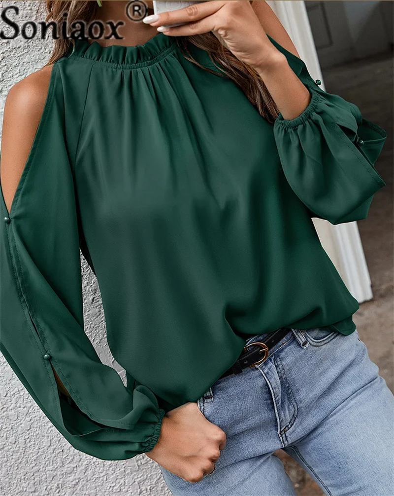 

Fashion Solid Color Chiffon Blouse Female Off The Shoulder Long Sleeves Lace Neck Tops Women 2022 Autumn Commuter Pullover Shirt