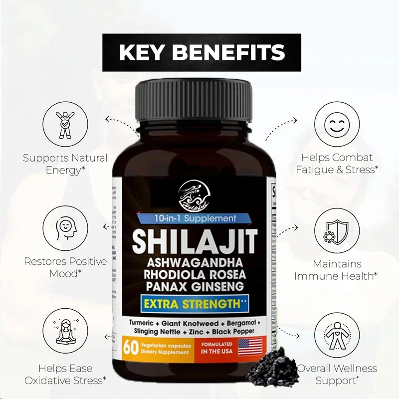 Shilajit Pure Himalaya 18000 milligrams,60 men\'s capsules containing South African drunken eggplant,Rhodiola, ginseng,and nettle