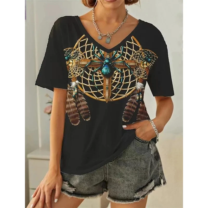 

Ethnic Women's T-Shirt Vintage Graphics Fashion Short Sleeved V-Neck Tops Street Women's Clothing Outdoor Tee Summer Casual Tops