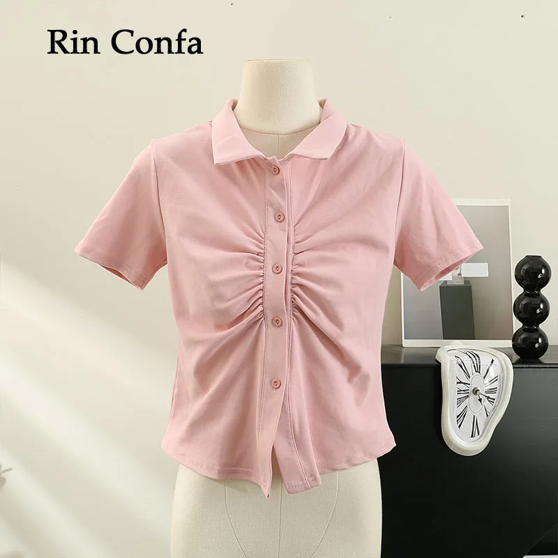 Rin Confa Summer Button Knitting Tops Women Polo Turn-Down Collar Solid T-Shirt Shirring Accepting Waist Short Slim Crop Tops