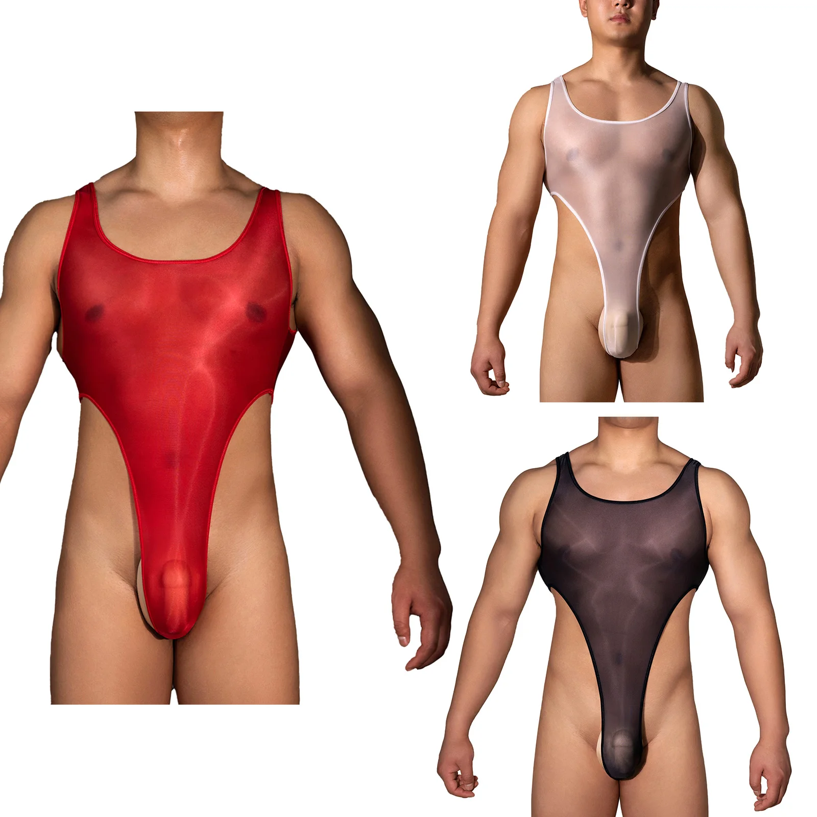 Mens Sexy Bodysuit Exotic Teddies Lingerie Glossy Sheer Sleeveless High Cut Leotard Jumpsuit Bodysuit Underwear Thong Nightwear