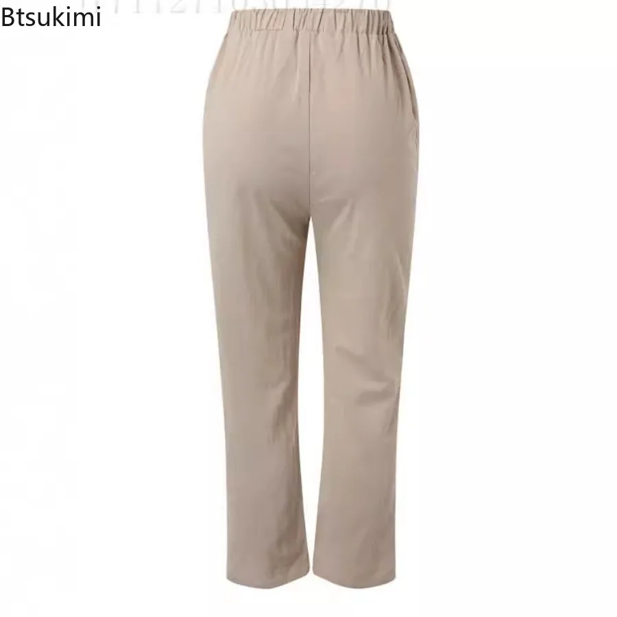 Pantalon Droit en Coton et Lin pour Femme, Poches, Décontracté, Surintendant, Tempérament Simple, 2024