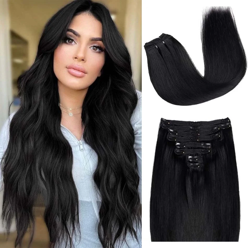 

Brazilian Remy Straight Hair Clip In Human Hair Extensions Black #1 Color 8Pieces/Sets 18 Clips Full Head 120G For Women