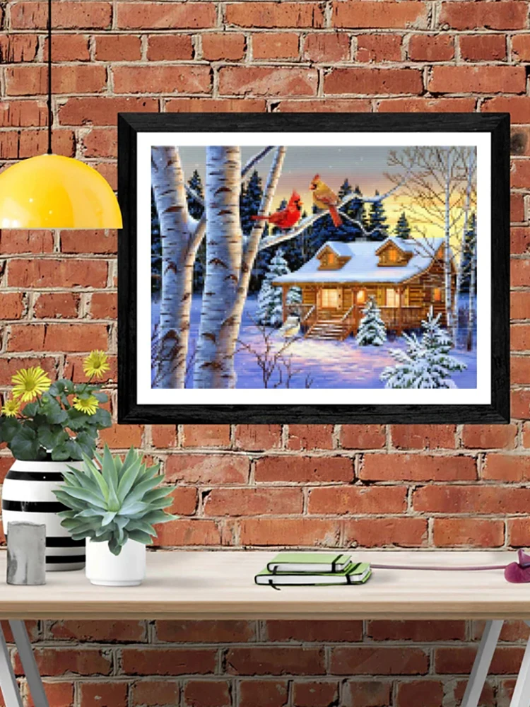 DIY-5D Diamond Painting Snow House Bird Splicing Set Full Diamond Embroidery Mosaic Picture Closed