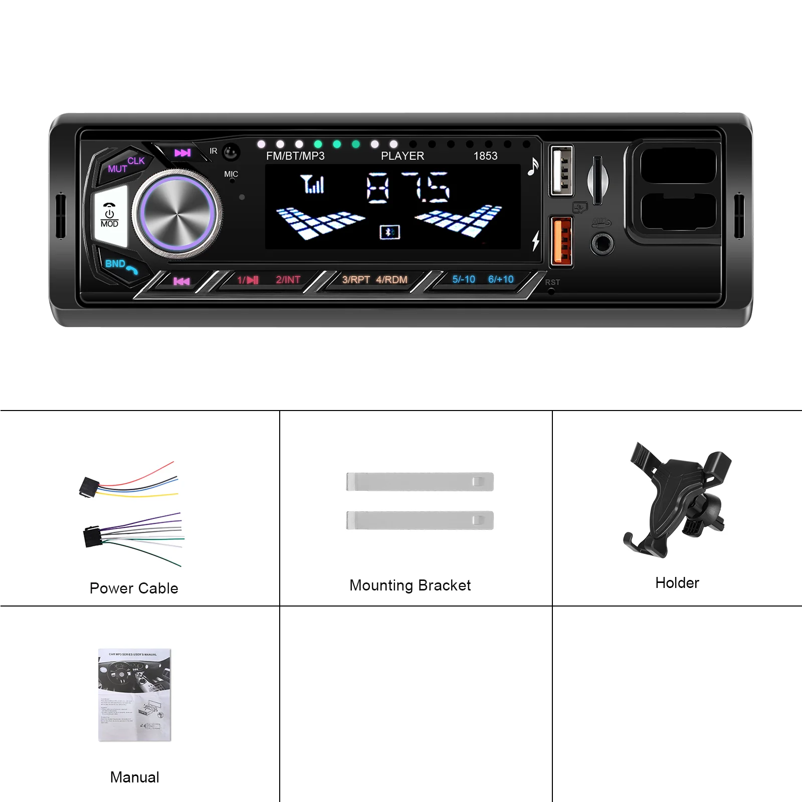 Podofo Auto 1din Audio Radio Bluetooth Stereo MP3-Player FM-Empfänger unterstützt Telefonaufladung AUX/USB/TF-Karte mit Telefonhalterung – Detail 11