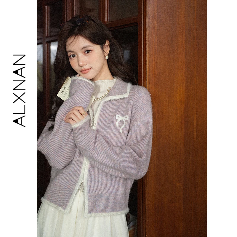 

ALXNAN Women's Autumn Sweaters Turn-down Collar Zippered Patchwork Bow Embroidery Cardigans Gentle Commuter Female Tops L58007