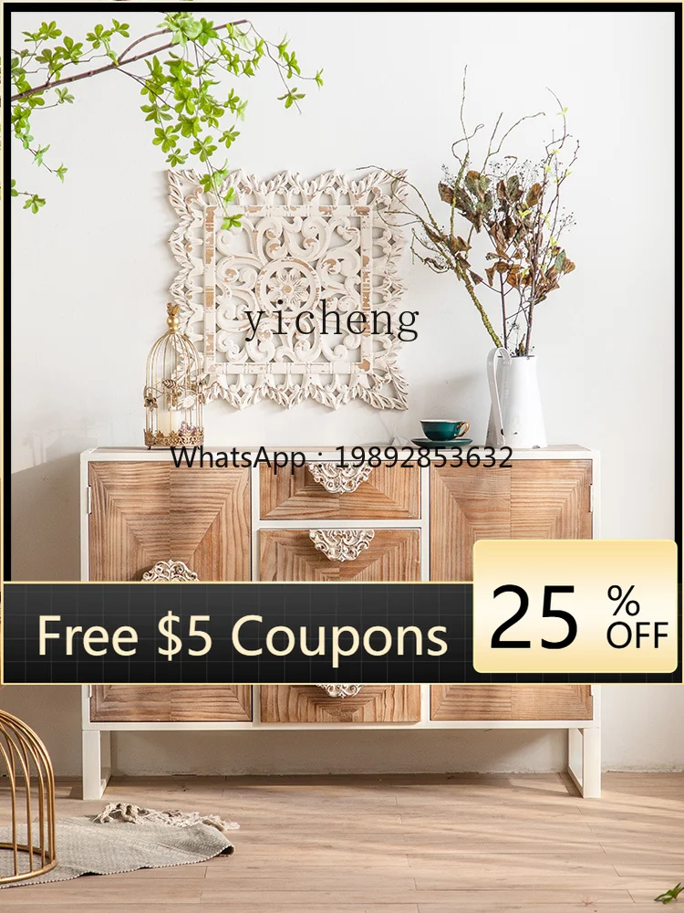 

Retro Small Cabinet Iron High Leg Locker Solid Wood Sofa Side Cabinet