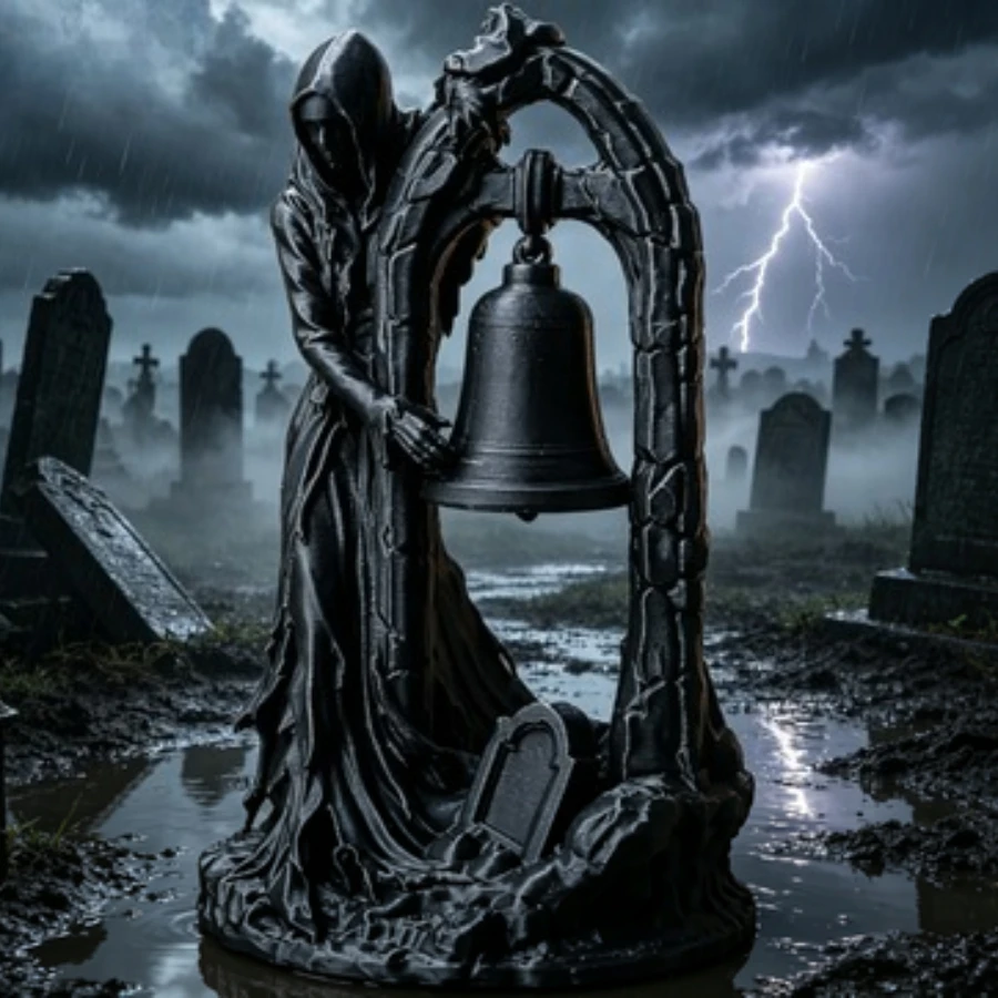 Grim Reaper Bell Statue Gothic Death Bell Sculpture Spooky Cemetery Reaper Figurine Dark Halloween Desktop Spooky Atmosphere