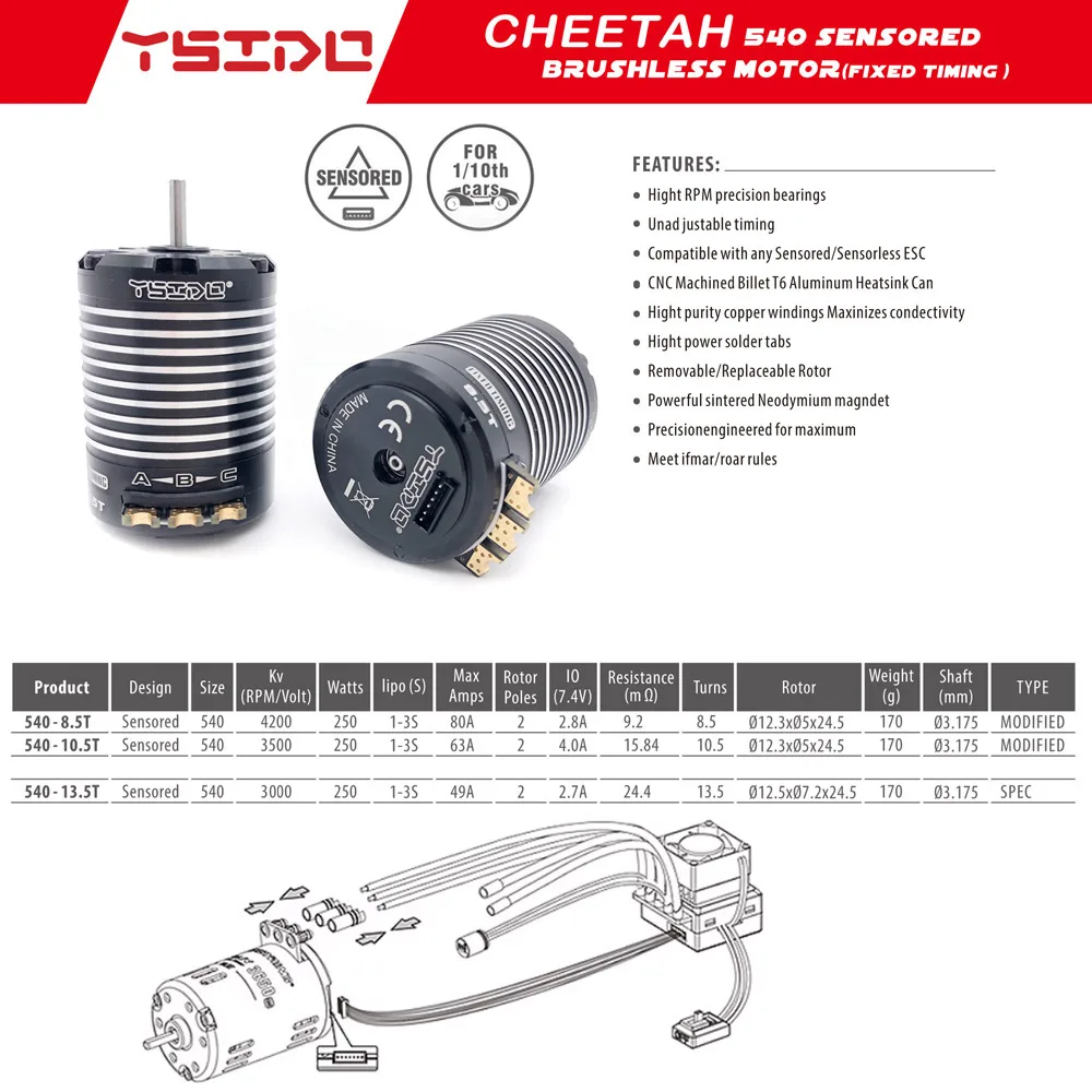 Original YSIDO 540 8.5T 10.5T 13.5T CHEETAH Sensored Brushless Motor for Modified Spec Stock 1/10 1/12 RC Drift Car