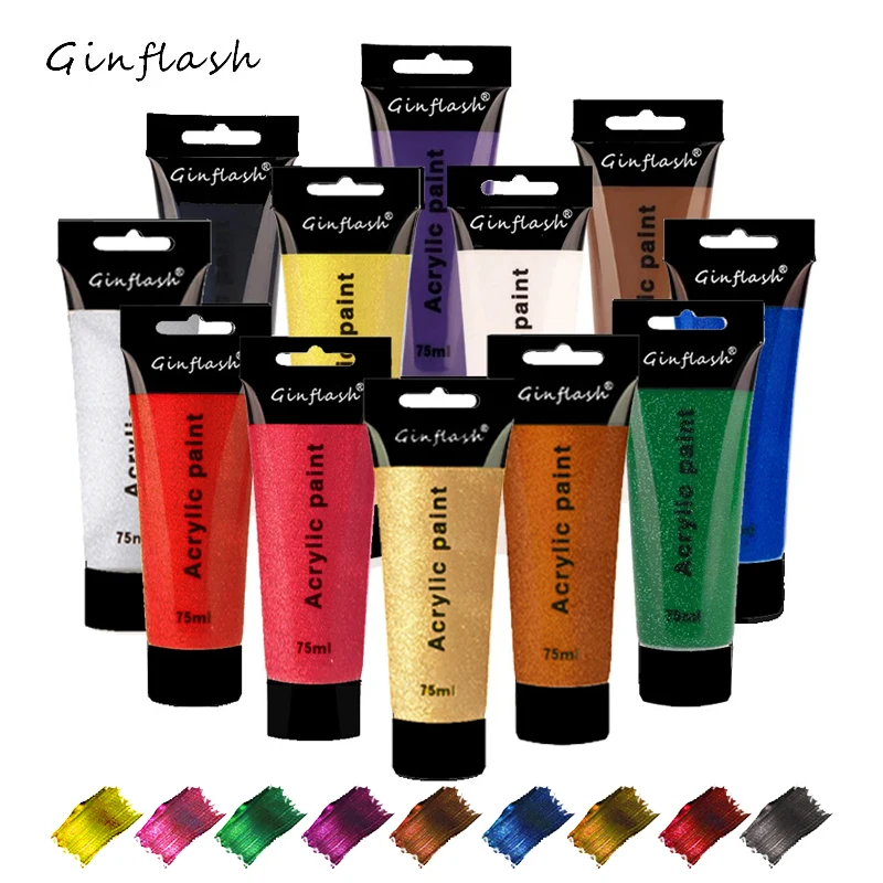 Ginflash 75ml/tube Glitter Metallic Acrylic Paint Pigment Art Painting drawing DIY Wall Painting Cloth paint hand-painted DIY