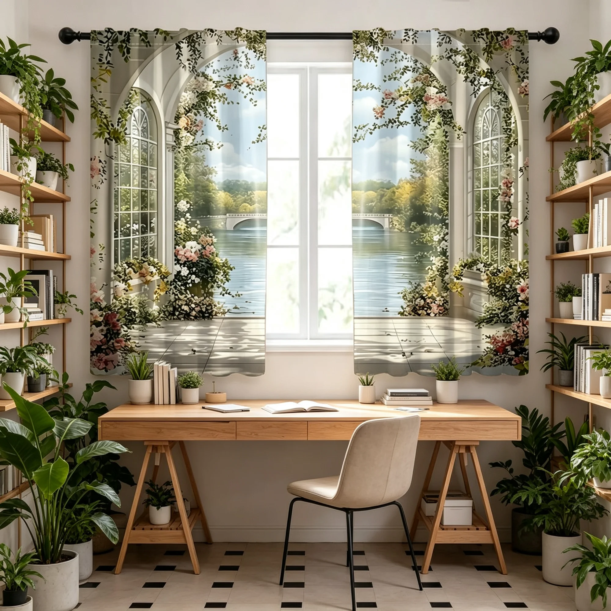 2PCS Floral Arch Landscape Pattern Decorative Pocket Curtains for Living Room Bedroom Kitchen Multi-Scenario Home Decor