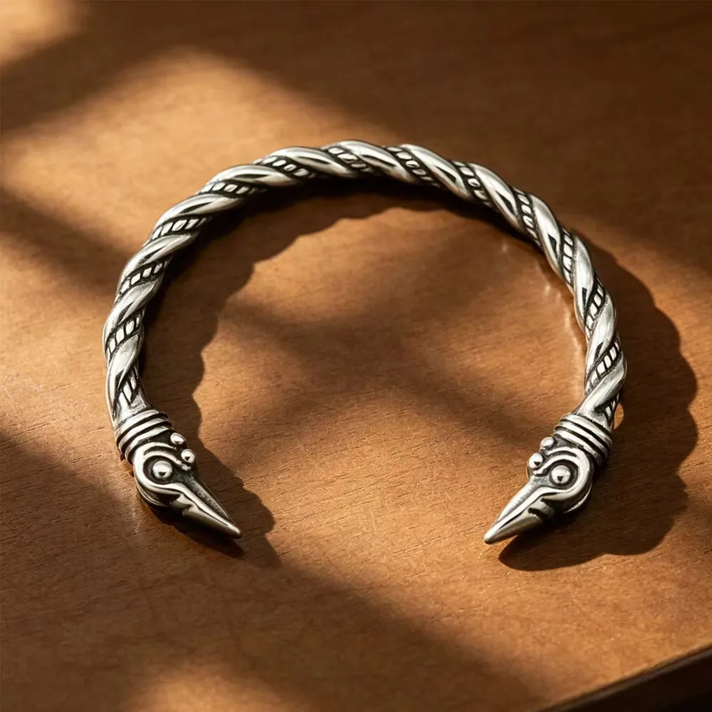 Gold And Silver Dual Color Nordic Viking Crow Bracelet Punk Rock Stainless Steel Fashion Jewelry For Daily Party Holiday Present