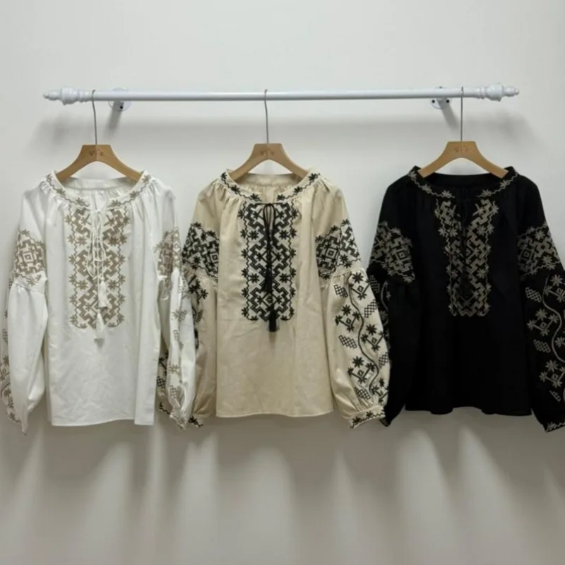 

Рубашка-блузка на шнуровке с круглым вырезом и рукавами-фонариками в стиле ретро, женская весенне-осенняя свободная повседневная пляжная рубашка в стиле бохо