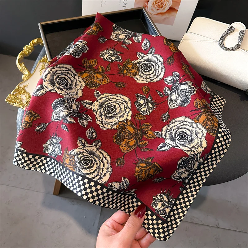 Fashion Luxury Brand Silk Shawl Square Scarf Women Hijab Flower Print Scarves Wraps Neckerchief Hair Ribbon Headband Bandana