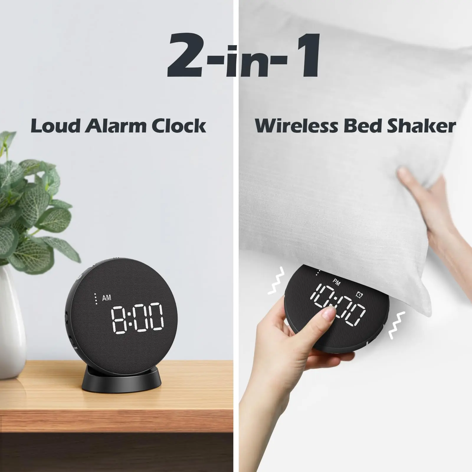 2-in-1 Unified Loud Bed Shaker & Vibrating Alarm Clock for Hearing Impaired/Heavy Sleepers/Teens,Wireless Charging,Portable