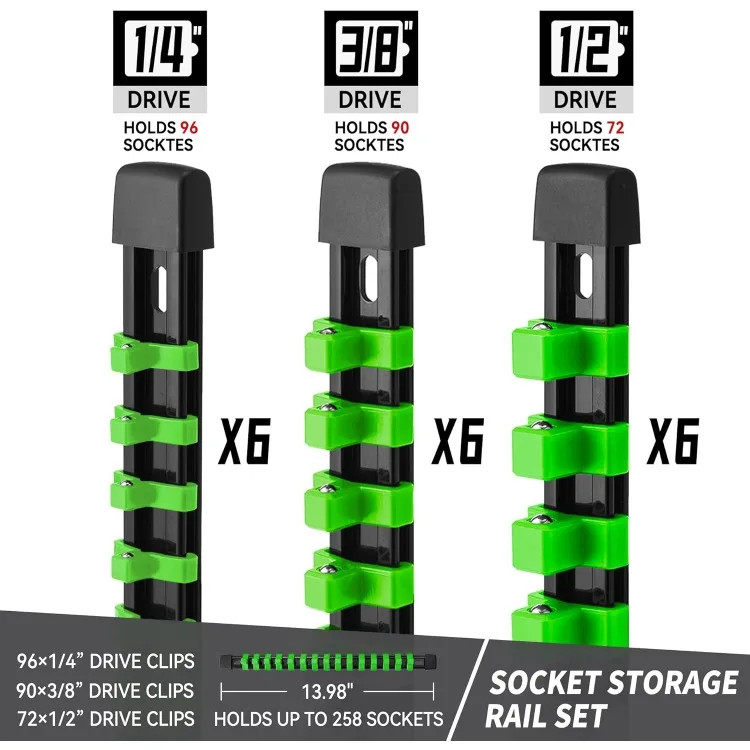 Herramientas ABS de accionamiento organizador de enchufes, soporte de enchufe verde, kit de soportes de enchufes de 18 piezas de calidad superior, Clips de 1/4 pulgadas x 96