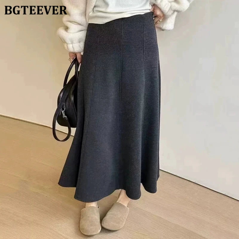 

BGTEEVER Chic Autumn Winter Elegant Warm Ladies Mid-Length Skirts Stylish High Waist Loose Female A-line Woolen Skirts