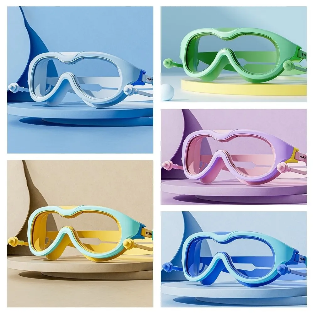Lunettes de natation à grande monture pour enfants, avec bouchon d'oreille, Anti-buée, couleurs vives, ensemble de lunettes de plongée en verre PC pour enfants