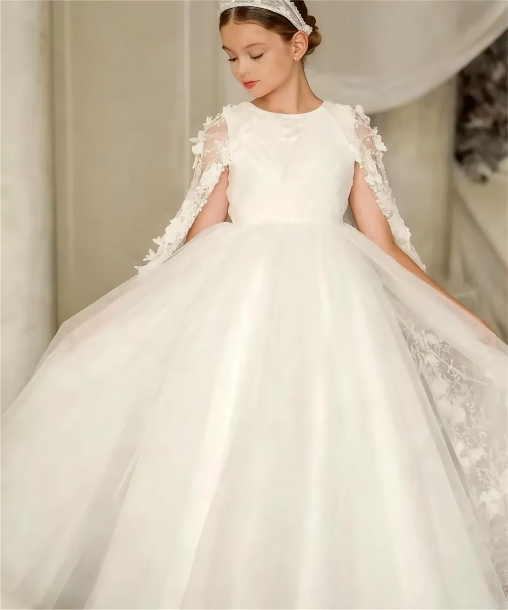 

Customized Flower Girl Dress For Wedding Appliques Flowers Beaded Tulle Floor Length Kids Birthday Party First Communion Gown