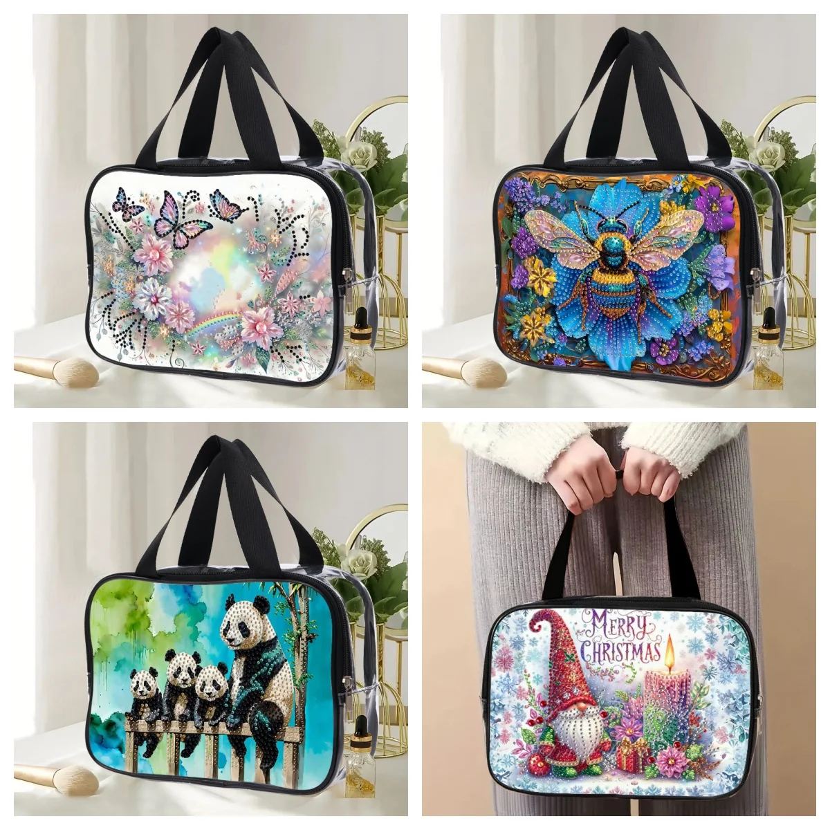 1 DIY makeup bag with crystal and diamond, and a multi-functional cosmetics storage box with panda and bee theme patterns