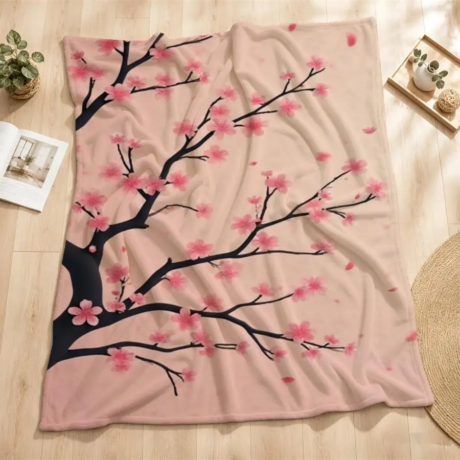Serene Cherry Blossom Flannel Throw Blanket - Soft & Warm Pastel Pink Design with Elegant Tree Motif, Ideal for Couch, Bed, Office & Travel, Perfect Gift for Family & Friends, Machine Washable 2D Flat Weighted Blanket 280GS