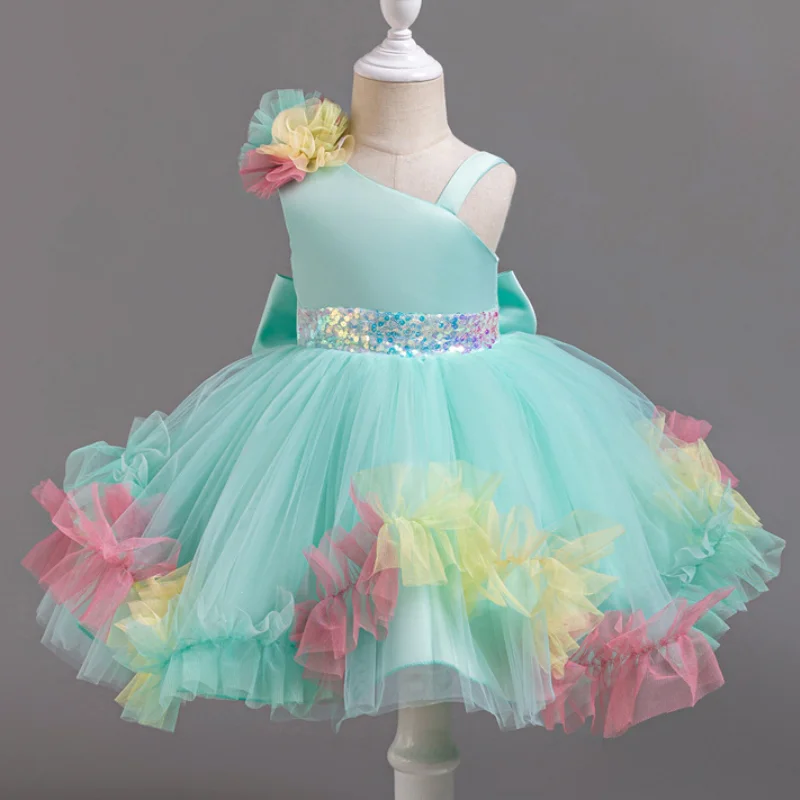Summer New Girl\'s Decal Sequin Mesh Irregular Collar Colored Sweet and Cute Princess Dress School Graduation Ceremony Dress