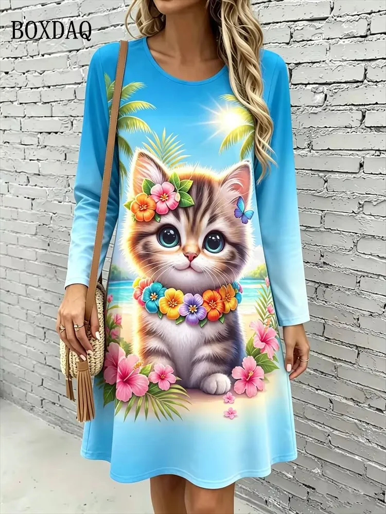 Cute Cat Floral 3D Print Dresses Women's Fashion Gradient Long-Sleeve Dress Autumn Winter Daily Casual Women's Loose Home Dress view 3