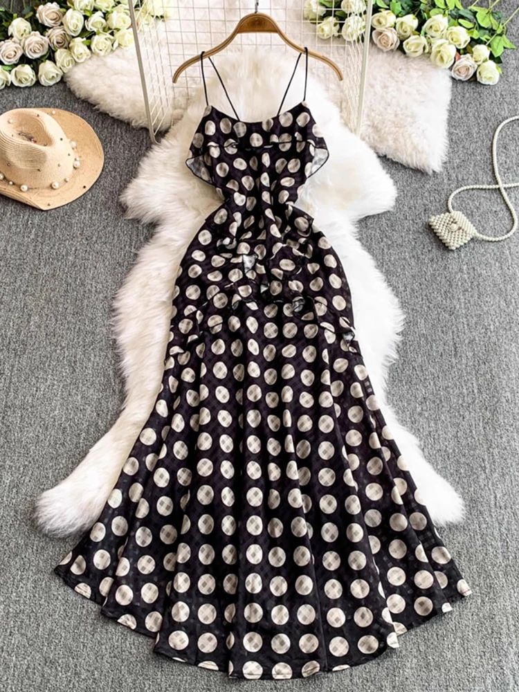 

Women Summer Black Spaghetti Strap Long Dress Vintage Ruffles Dot Print Party Dress Sundress Sleeveless Sexy Backless Dresses