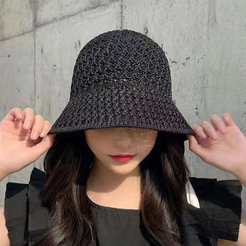 Bucket Hat Spring Summer Hollow Knitted Hat Solid Color Sunhat Fisherman Caps Casual Foldable Beach Cap