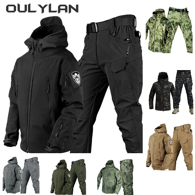 Outdoor Shark Skin Warmth Jackets Pants Set Men Tactical Camo Autumn Winter Thickened Coat Soft Shell Large Size Jacket