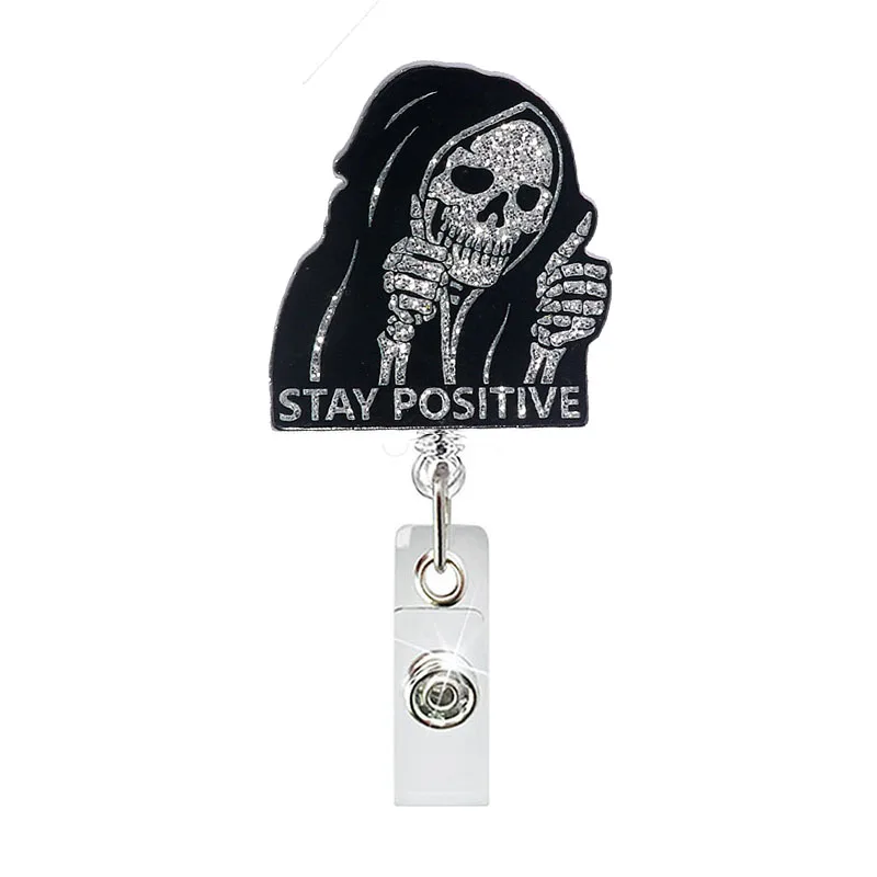 Newest Glitter Acrylic Koala Skull Badge Reel Retractable ID Badge Holder With 360 Rotating Alligator Clip Doctor Name Holder