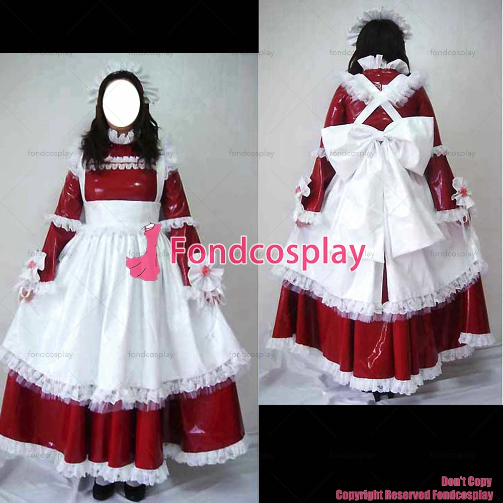 

fondcosplay adult sexy cross dressing sissy maid long red thin pvc dress lockable Uniform white apron costume CD/TV[G2469]