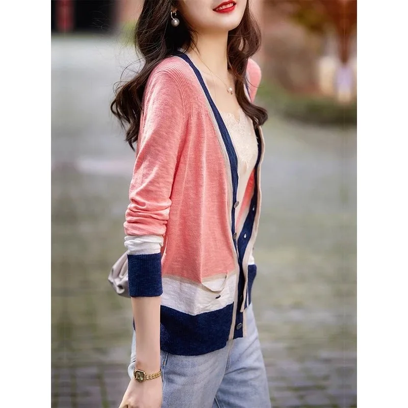 2024 Spring New Knitted Casual Loose Cardigan Women Simple Solid Fashion Casual Shrot Sweaters Button V-neck Knitwear Tops