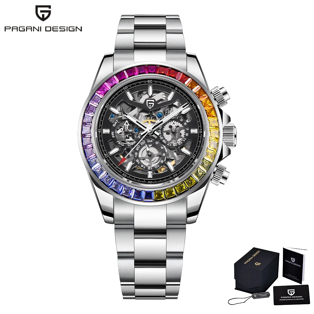 PAGANI DESIGN New Luxury Fashion Leisure Men's Mechanical Wristwatch Rainbow Diamond Waterproof Stainless Steel Reloj Hombre