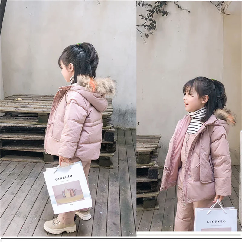 -30℃ Winter Down Suit Thick Warm Sets Boys Girls Hooded Jackets Overalls 2 Pcs Kids Parka Snow Wear Outfits 2-6 Years